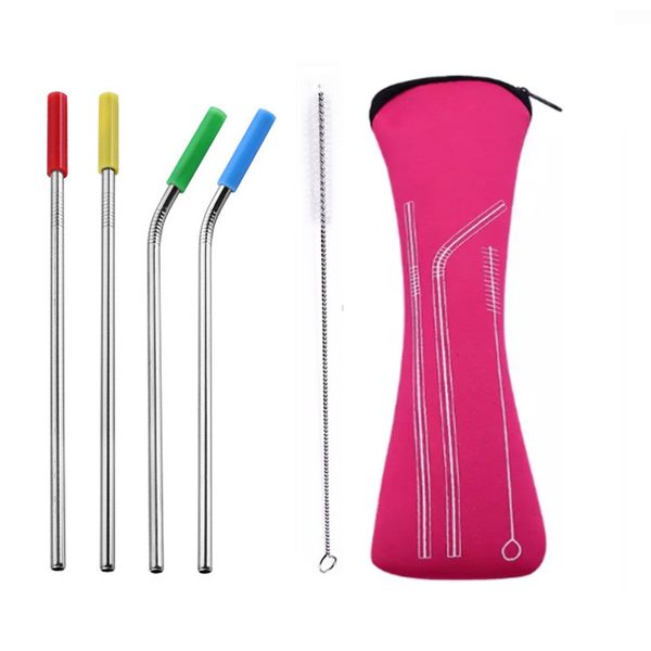 

6pcs/set stainless steel straws sets with pouch bag colorful metal straw with silicone tip reusable juice straw bar tools 21.5cm fhh7-1755a