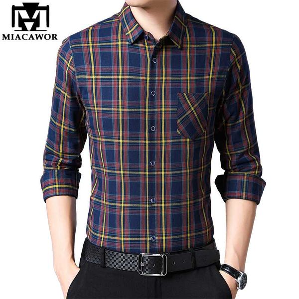 

miacawor spring long sleeve shirt men casual plaid shirts slim fit camisa masculina men clothes plus size c619, White;black