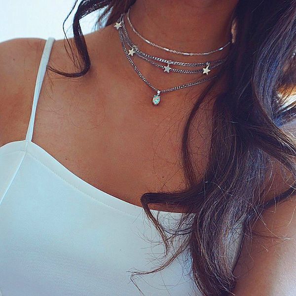 

bohemian star multi layer necklaces for women girl fashion sliver color long crystal pendant necklace collar jewelry, Silver
