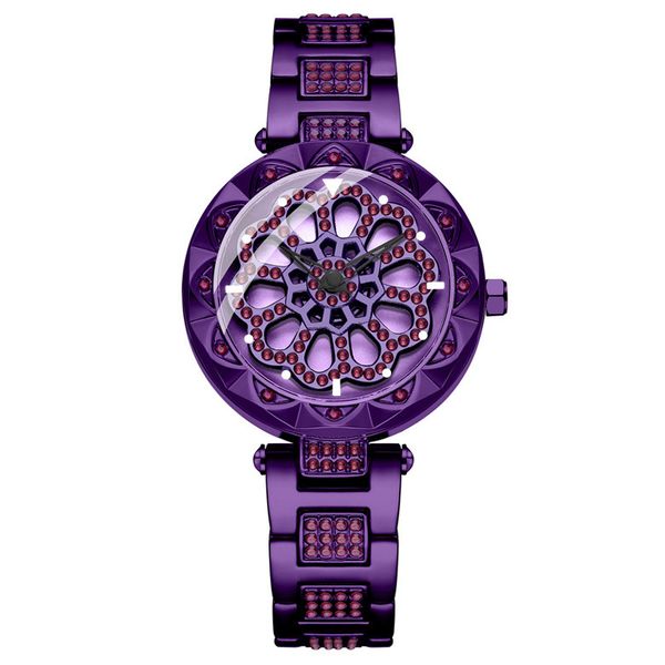 

new women rhinestone watches lady rotation dress watch brand stainless steel big dial bracelet wristwatch crystal purple watch, Slivery;brown