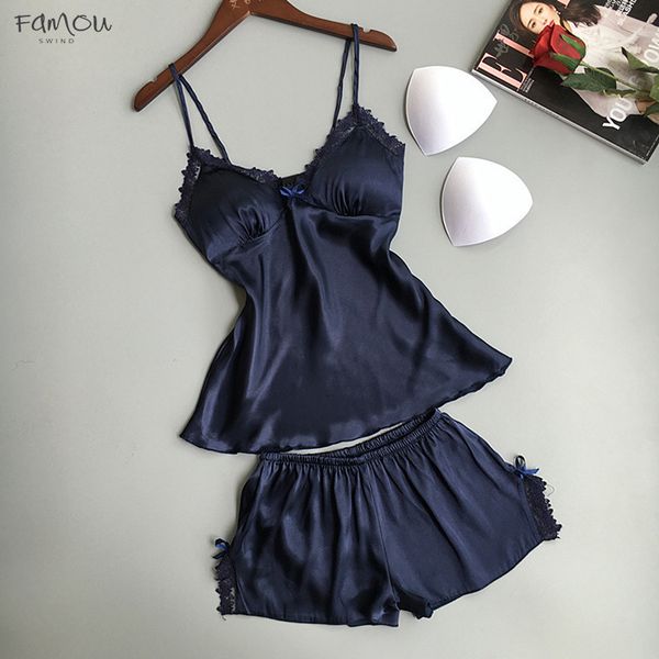 

Two Cotton Piece Set Women Sleepwear Silk Sleeveles Sexy Chest Pad Nightwear Women 2019 Pajamas Summer Lace Homewear Women Lingerie