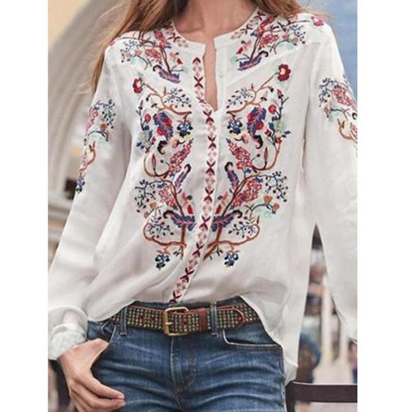 

2020 autumn new women ladies casual chain print long sleeve plus size blouse female loose shirt blusa feminina woman blouses, White