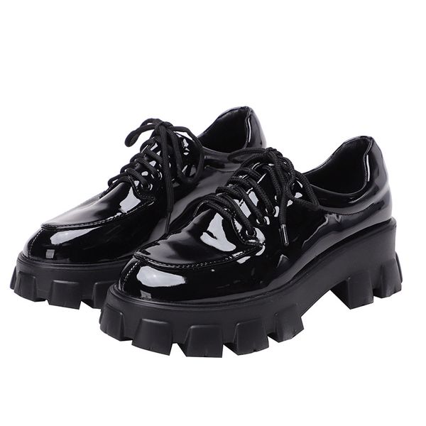 

muffin platform shoes women's british style 2020 spring new patent leather lace wild thick heel small shoes new fashion casual, Black