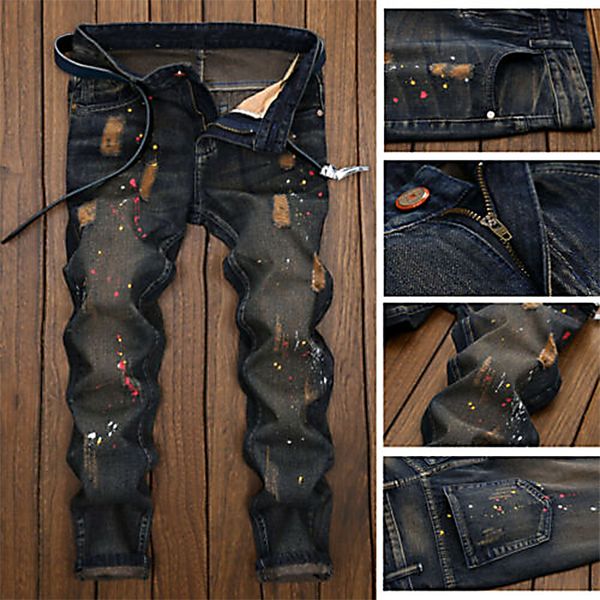 

men skinny denim jeans distressed ripped destroyed pants designer trousers, Blue