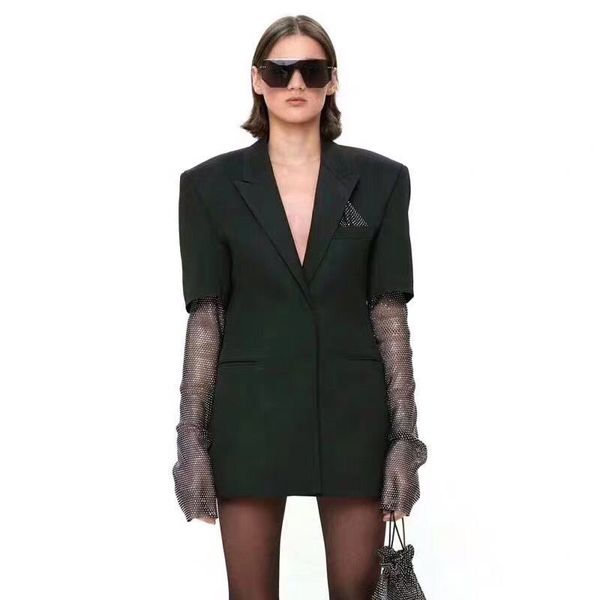 

new boutique designer women's blazers high street luxury crystal sleeves patchwork runway ladies party outerwear notched coats, White;black