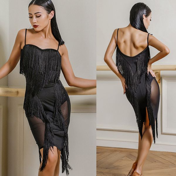 

latin dance dress black fringed dresses tango salsa cha cha samba rumba clothing women competition performance wear dnv11861, Black;red