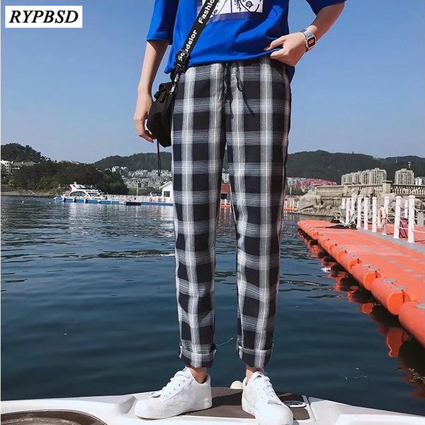 

plaid pants men ins 2019 new fashion mens streetwear sweatpants male korean pants jogger straight loose hip hop m-xxl, Black