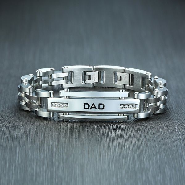 

men bracelet stainless steel silver chains link adjustable clasp engraved wristband with cubic zirconia for dad father, Black