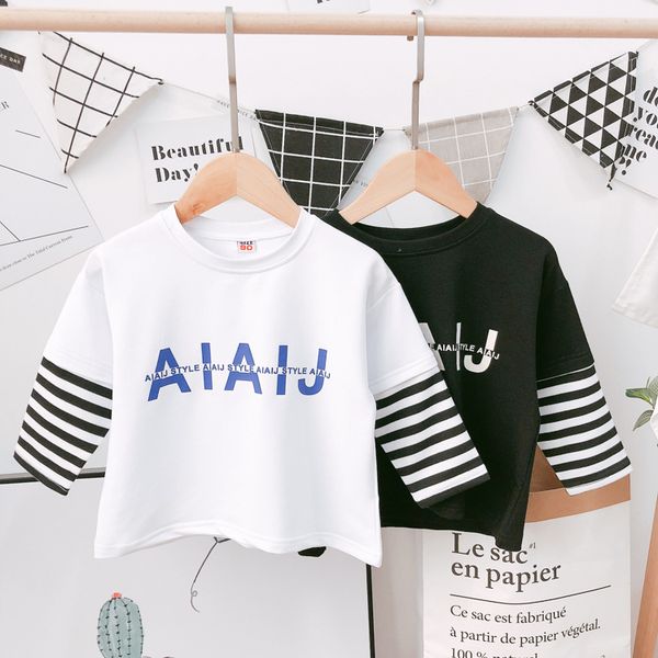 

2 3 4 5 6 years toddler boys shirts letter print casual stripe stitching fake two pieces for boy kids clothing autumn 2019, White;black