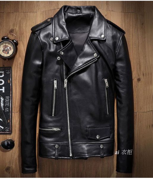 

slp wind europe station imported sheepskin star with a classic men's motorcycle clothing leather jacke, Black