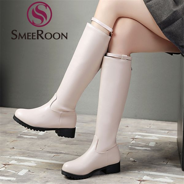 

plus size 34-48 new women boots square heel solid color knee high boots female zipper ladies white botas, Black