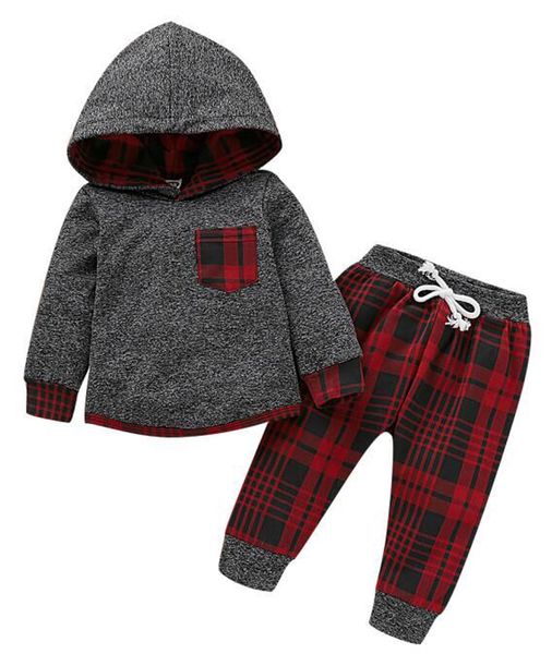 

Baby Spring Autumn 2pcs Clothing Set Infant Baby Boy Girl Long Sleeve Patchwork Hooded Tops+Plaid Pants Xmas Outfits 3M-3T
