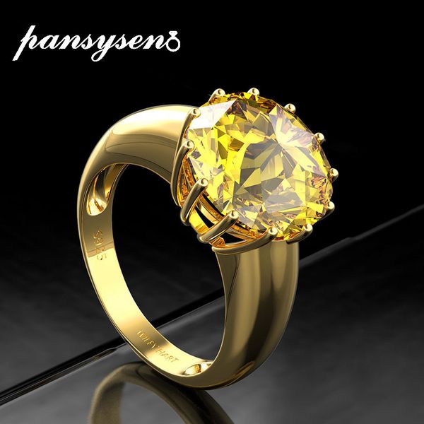

pansysen 12mm round natural citrine rings for women solid 925 sterling silver jewelry party ring female new fashion fine jewelry, Slivery;golden