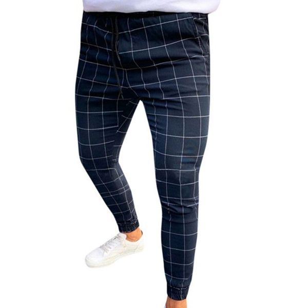 

fashion pants men plaid print drawstring elastic casual pencil pants trousers, Black