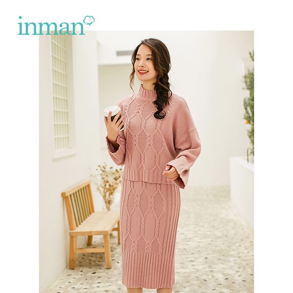 

inman 2018 winter high neck collar loose style jacques weave stripped knit wear women two pieces skirt, Gray
