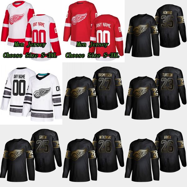 

2019 Golden Edition Detroit Red Wings 23 Dominic Turgeon 25 Mike Green 28 Luke Witkowski 35Jimmy Howard 27 Michael Rasmussen 26 Vanek Jersey