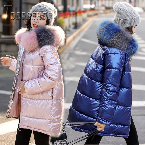 

2019 new glossy padded women parkas black gold silver blue pink color female overcoat