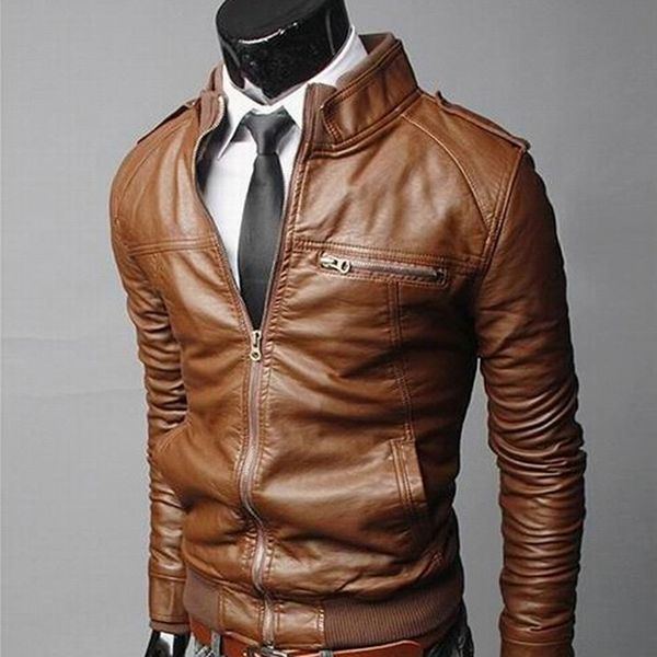 

new mens stand collar jackets jaqueta leather coat motorcycle leather jackets male slim casual coats with zipper man outerwear, Black
