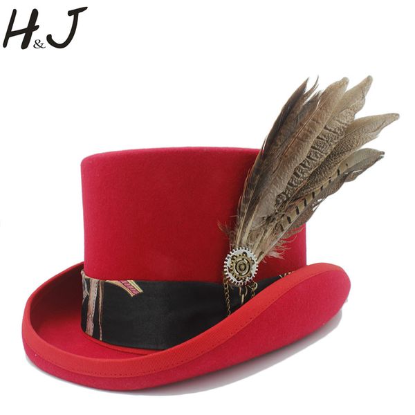 

13.5cm red women steampunk hat / handmade men leather wool fedoras hat / cylinder hat/ chimne cap dropshipping, Blue;gray