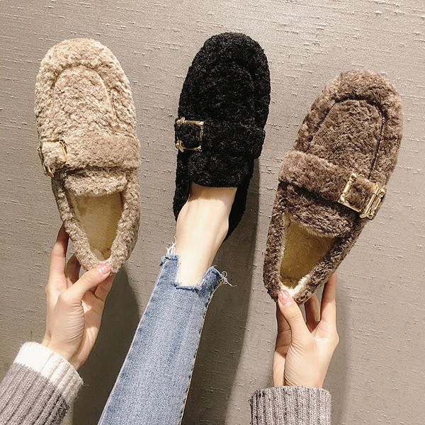 

winter shoes women female footwear round toe all-match casual sneaker women's moccasins modis loafers fur dress new 2019 rubber, Black