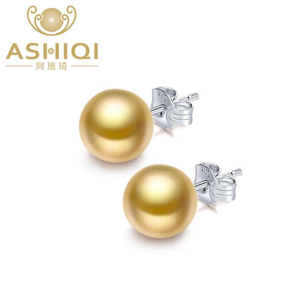 

ashiqi 100% natural freshwater pearl earrings real 925 sterling silver stud earring pearl jewelry supplier for women, Golden;silver