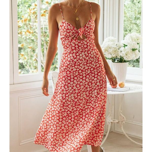 

women's holiday halter bow-knot v neck floral printed leisure casual sleeveless long dress, Black;gray