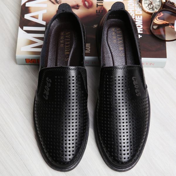 

men's sandals hollow leather casual cool leather hole shoes dad leather shoes men's chef shoes sandals, Black