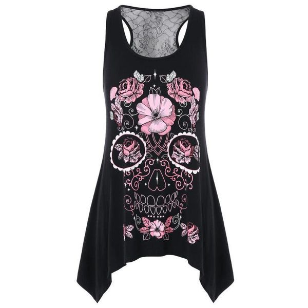

streetwear womens fashion flowered skull printed lace back tank o-neck vest tank haut femme debardeur femme, White