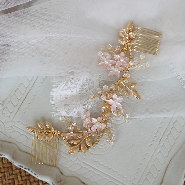 

jonnafe bridal gold leaf long hair comb jewelry handmade wedding headpiece women hair accessories, Golden;white