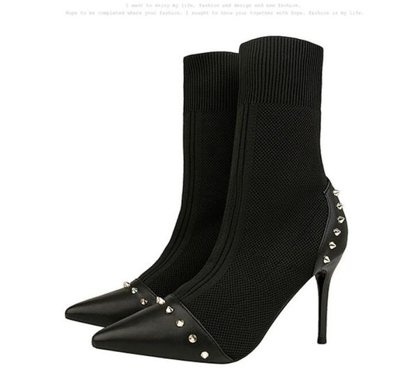 

европейские и американские простые высокий каблук сапоги женские, носить тонкий педикюр, заостренные эластичные носки сапоги, Black