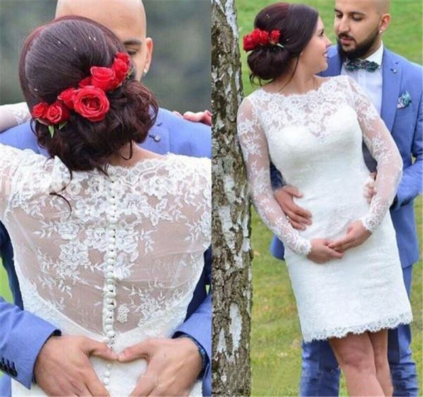 

2019 lace short sheath beach boho wedding dresses long sleeves sheer neck country style bridal dresses gown with covered buttons, White