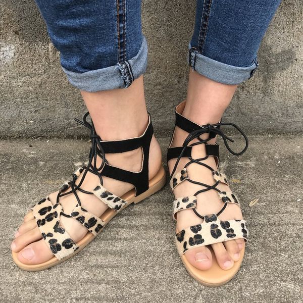 

2019 summer new style large size sandals women's leopord pattern slanted heel flat a- line women's 43 yards sandals, Black