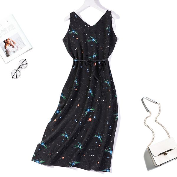 

women's 100% pure silk v neck sleeveless black stars long dress l xl jn039, Black;gray