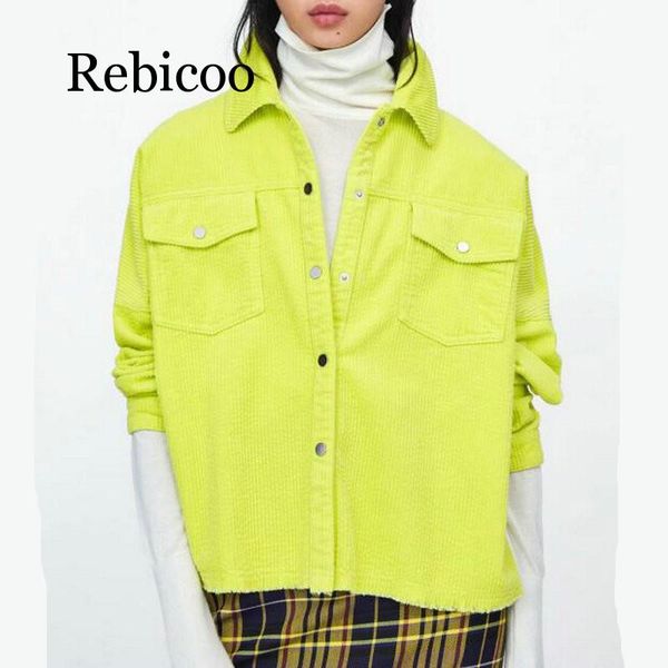

2019 women bright green color corduroy jacket loose single breasted coat fashion button down tassel jacket, Black;brown