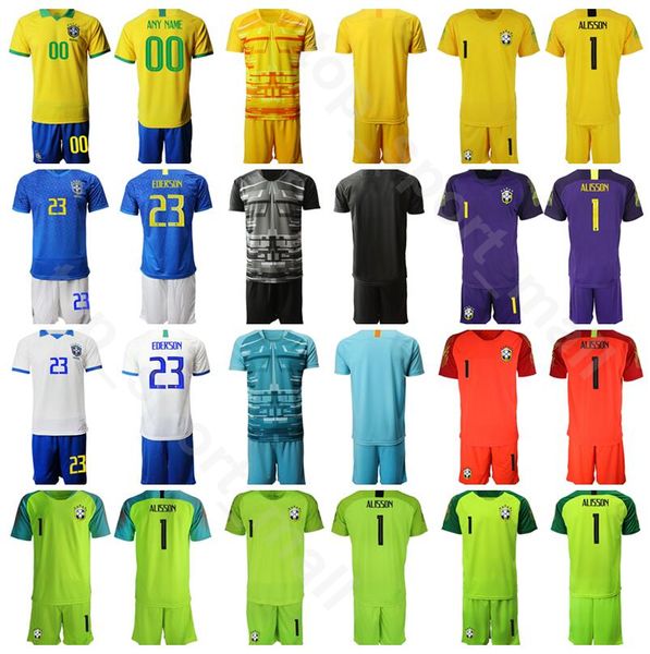 

brazil 1 alisson goalkeeper soccer jersey set 23 ederson 1 cafu 16 cassio 1 becker 2019 2020 brasil football shirt kits uniform, Black