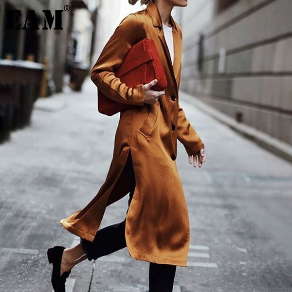 

eam] 2019 new spring lapel long sleeve single breasted loose long side vent pocket jacket women coat fashion tide jg780, Tan;black