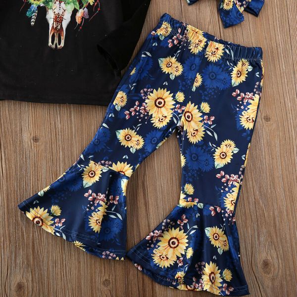 

spring 3pcs toddler baby girl sunflower clothes long sleeve t-shirt flare pants fall autumn outfits set, White