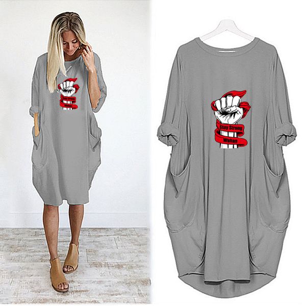 

fashion print dress casual loose pocket long sleeve women print dress new stay strong wuhan pattern, Black;gray