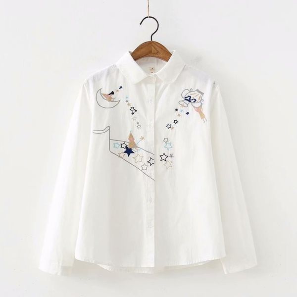

s24109 spring and autumn new han fan small fresh embroidery star stripe long sleeve shirt female student bottoming shirt, White