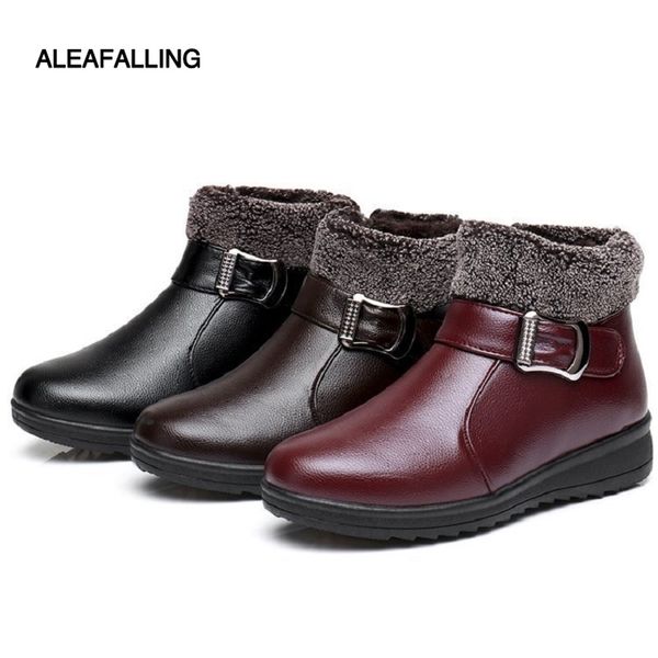 

aleafalling leather ankle snow boots for women buckle platform anti-skip boots women winter warm plush street shoes, Black