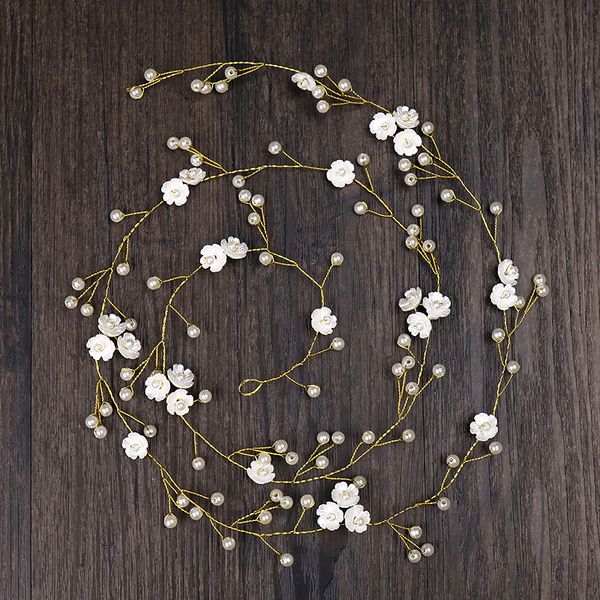 

100cm long gold color pearl wedding hair accessories bridal hair jewelry floral headbands hair ornament for women, Golden;white