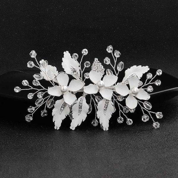

forseven white flower leaves shining crystal pearls hairpin clips headwear jewelry bride noiva wedding party hair ornaments, Golden;white