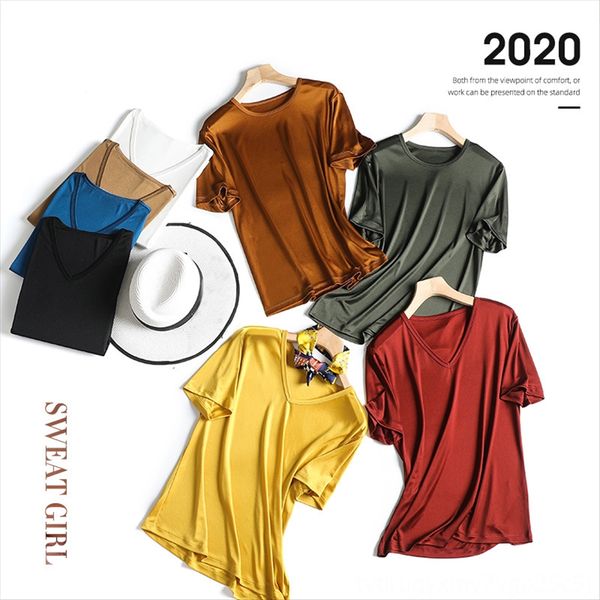 

jin kou triacetic acid blend luxury exquisite cool dry smooth round collar short-sleeved t-shirt female summer 2020, White