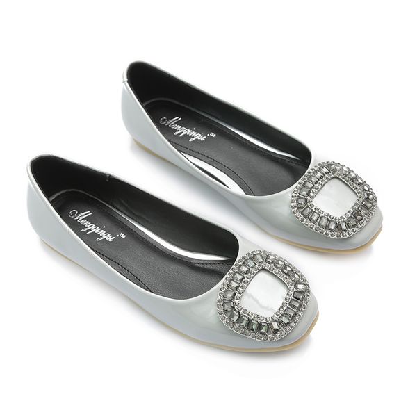 

35~43 plus size women crystal flat shoes rhinestone buckle square toe flats patent leather single shoes ladies slip on loafers, Black