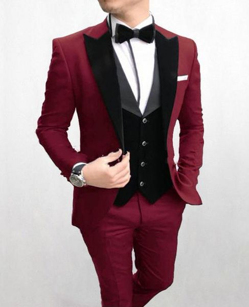 Marca New Burgundy noivo smoking preto pico lapela Groomsmen Mens Wedding Dress Man Moda Jacket Blazer 3piece Suit (Jacket + Calças + Vest + Tie) 9