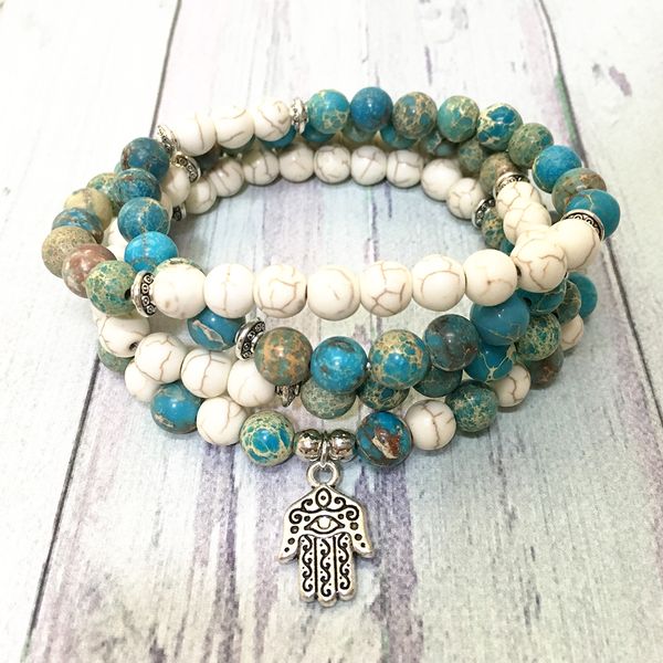 

mg0592 белый бирюзовый 108 мала браслет природных синий regalite женского йога ожерелье хамса шарм личные духовно ювелирные изделия, Black