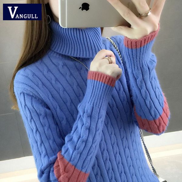 

vangull knitted women sweater autumn winter fashion thick elastic pullovers color matching long sleeve ladies turtlneck sweater, White;black