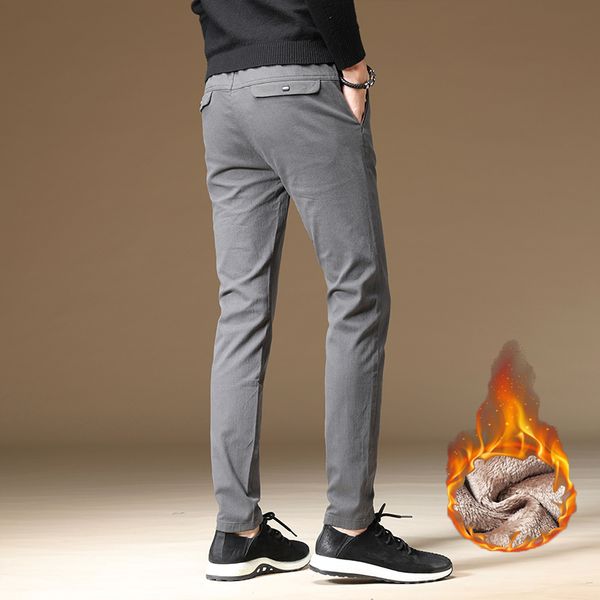 

winter men thick fleece warm simple solid elastic waist casual pants fashion business man slim fit plus velvet jogger trousers, Black