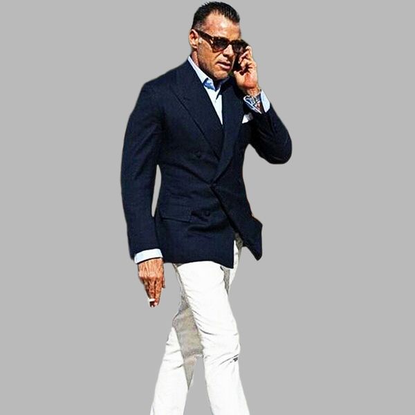 

men's suits & blazers peaked lapel navy blue coat business men white pants tuxedo groom for wedding outfit 2pcs homme masculino, White;black