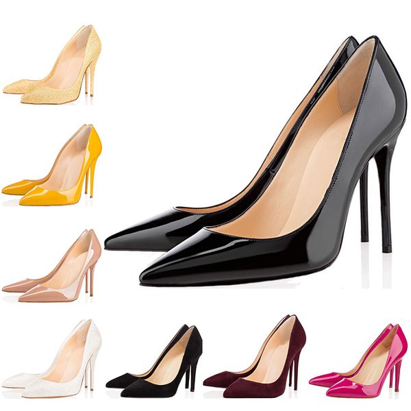 

2019 fashion designer women shoes red bottom high heels 8cm 10cm 12cm nude black white leather pointed toes pumps wedding dress shoe35-42
